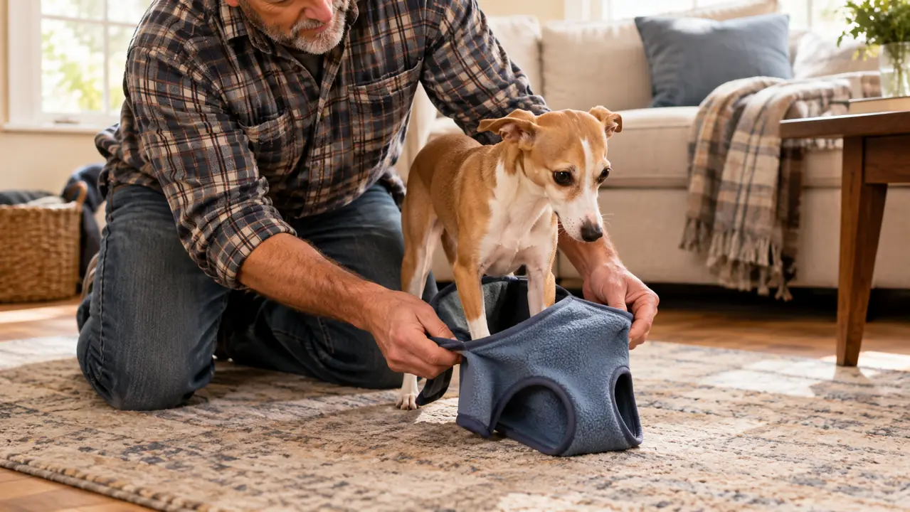 Hands helping a small dog step into a stretchy fleece vest indoors