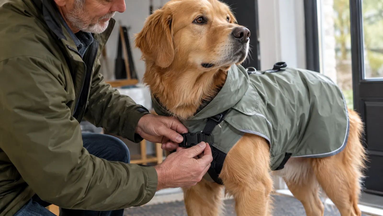 A hand fastening the chest buckle of a lightweight dog raincoat over a harness