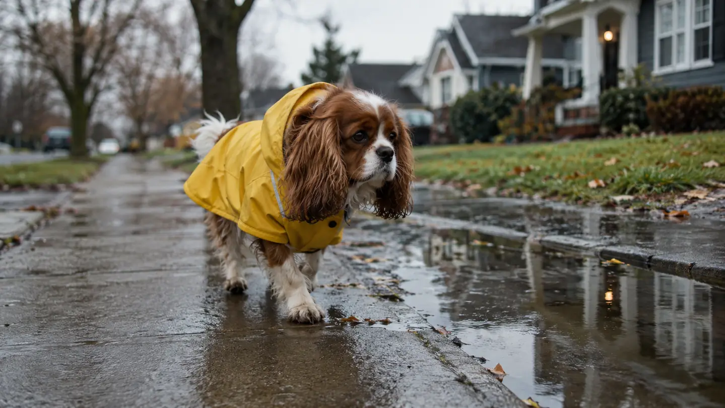 A small dog in a raincoat walking on a wet sidewalk beside a puddle