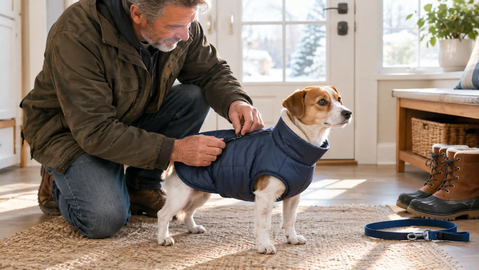 A person zipping a winter coat onto a small dog indoors