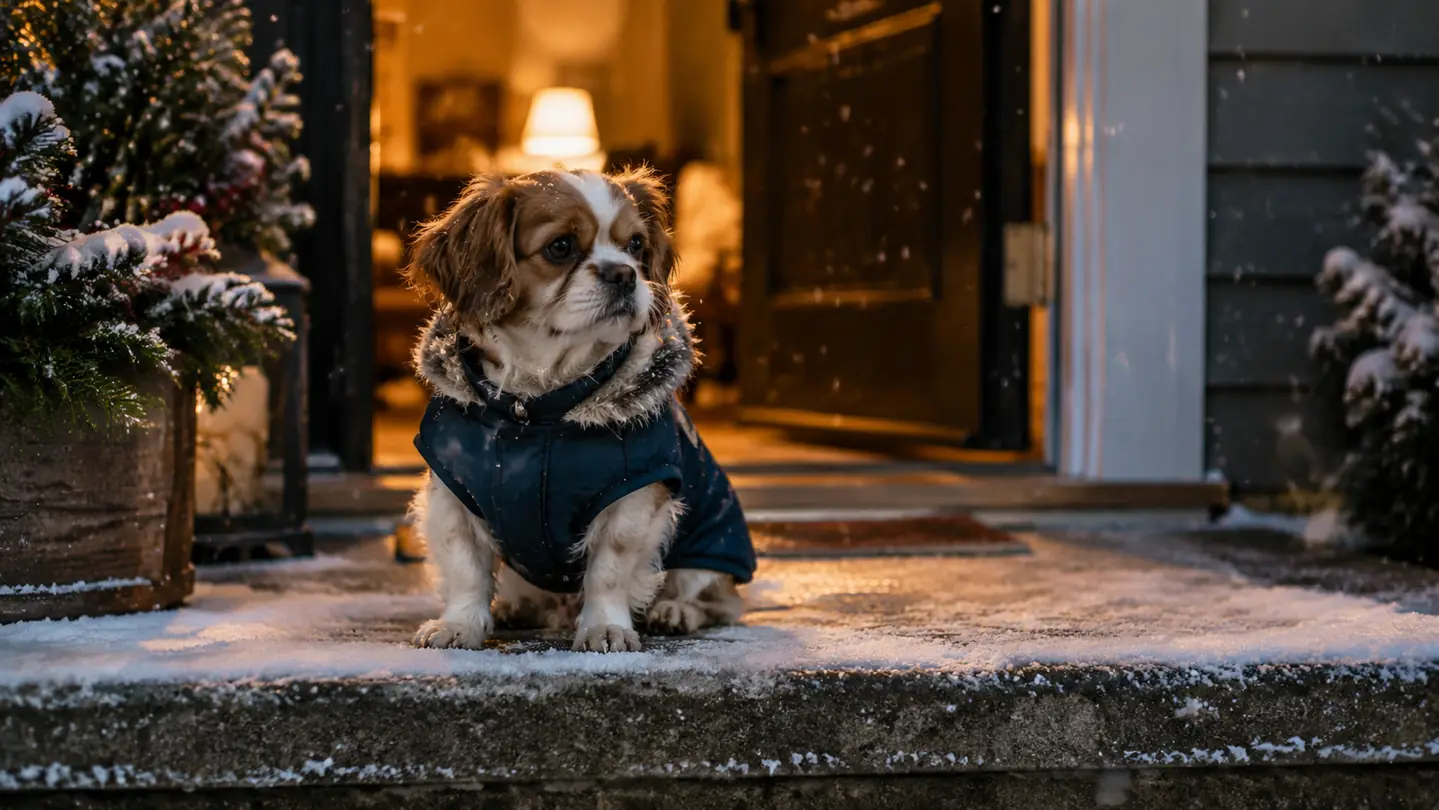 A small dog sitting on a porch step wearing a winter coat, snow falling