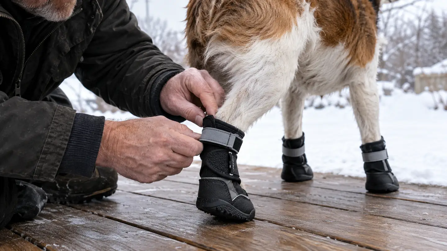 Hands adjusting the strap on a dog boot on a small dog's rear paw, the dog standing on a porch with snow in the yard beyond