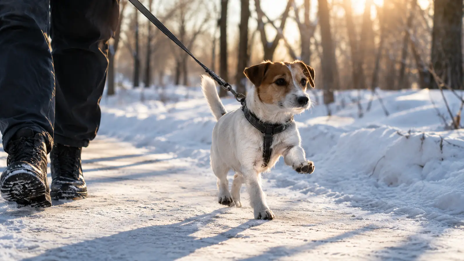 A small dog mid-stride on a snowy sidewalk, one paw raised high in an exaggerated step, an owner's legs and a leash in frame