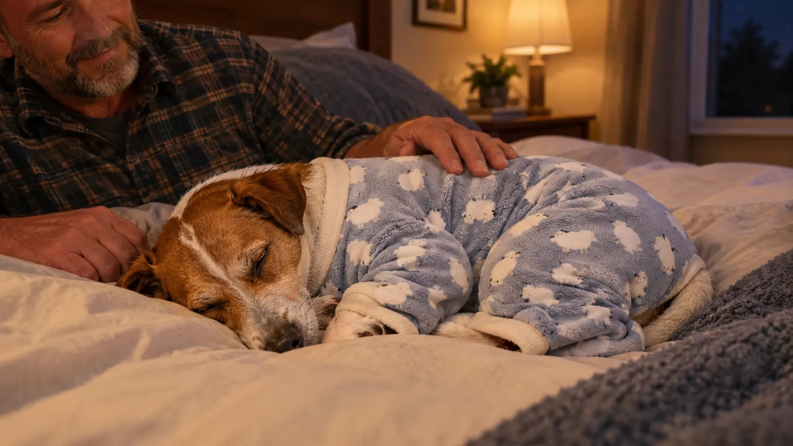 A small dog wearing the pajama onesie, curled up asleep on a bed at night