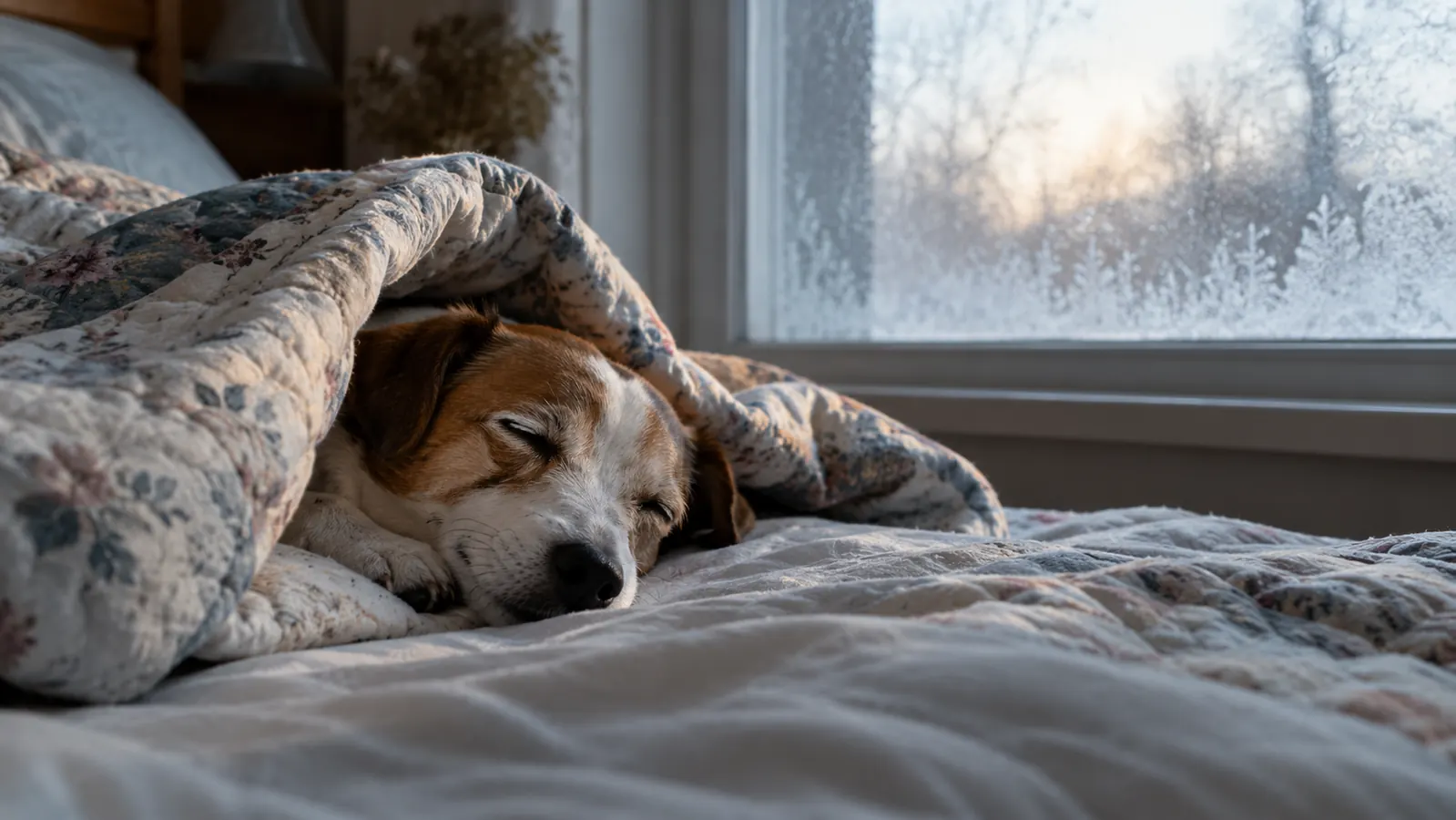 A dog sleeping peacefully under the edge of a quilt on a cold winter morning with frost on the window