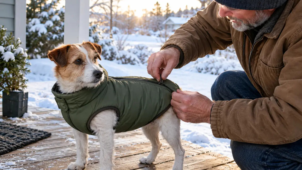 A hand zipping a small dog into a winter coat before a walk