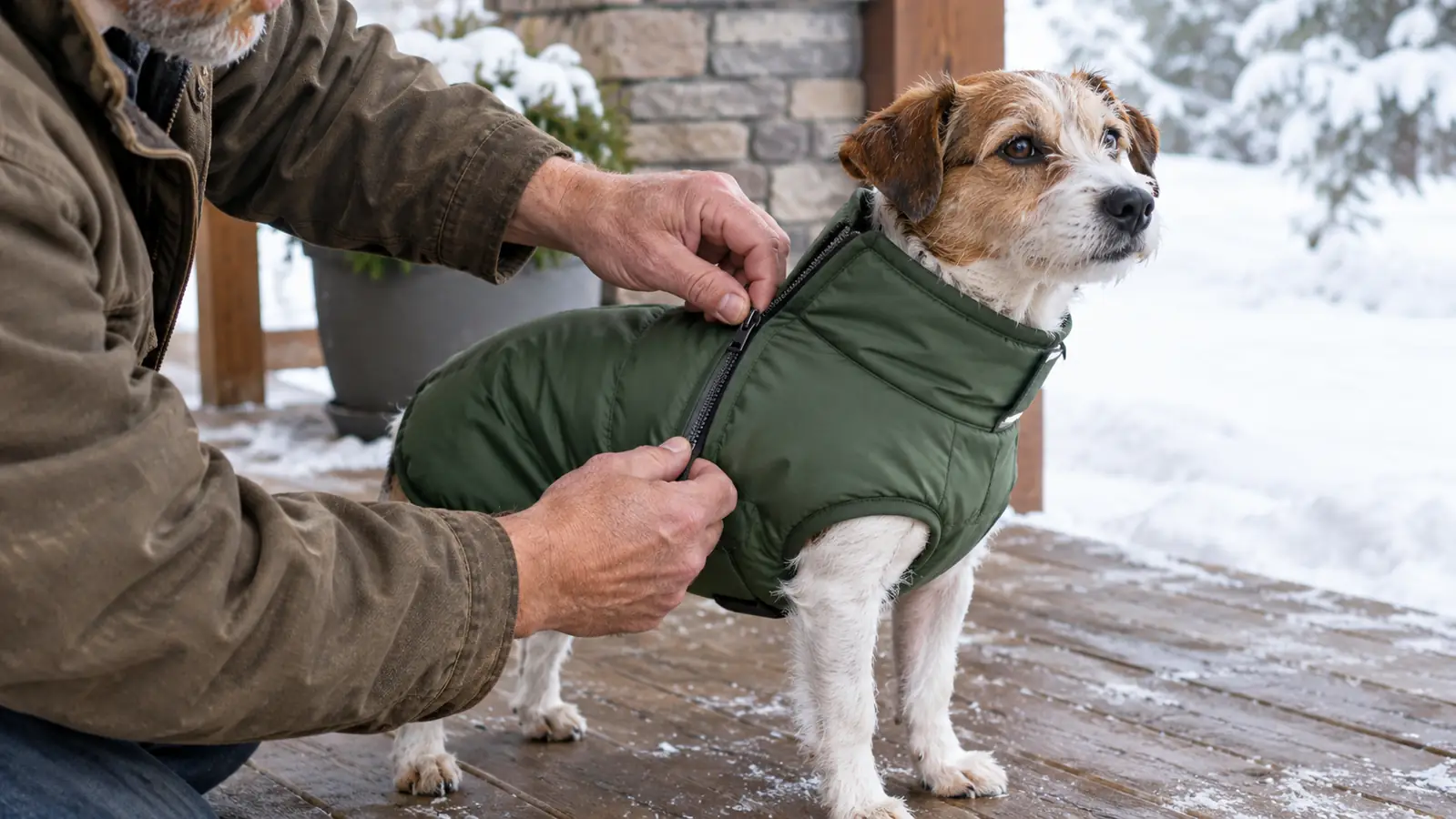 Hands zipping a small dog into a winter coat at the front door