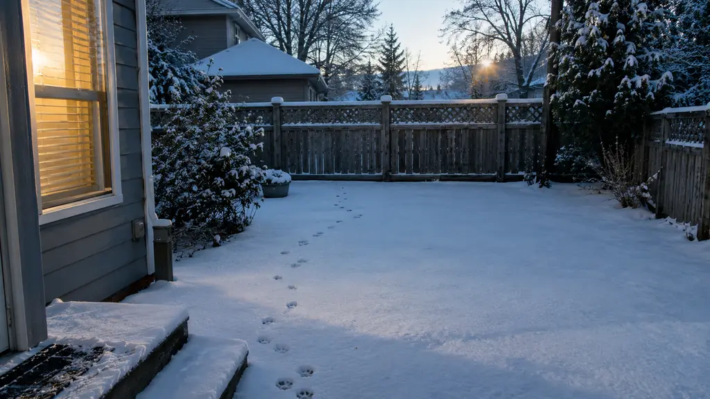 A snowy backyard on a clear winter morning with dog tracks across the yard