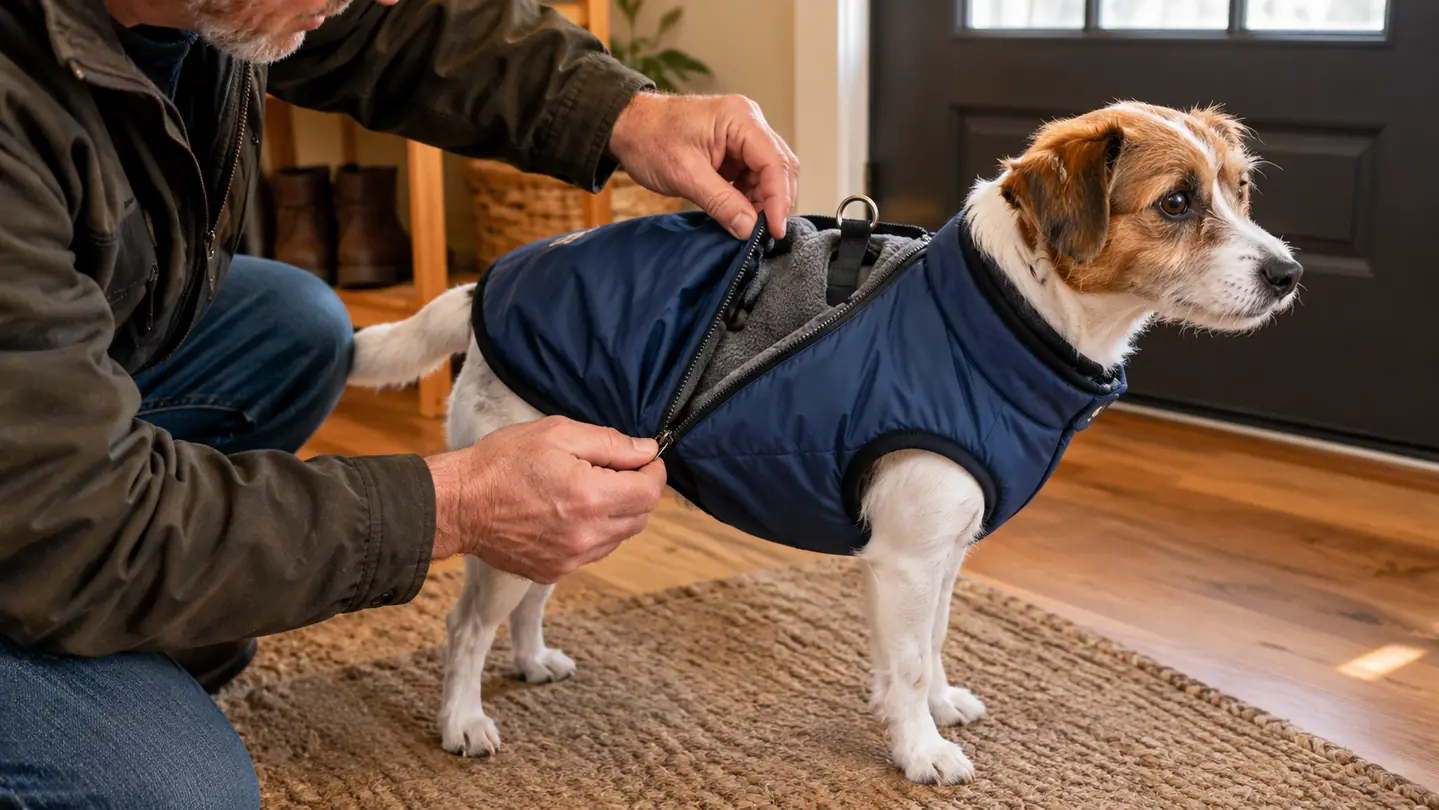 A person zipping a winter coat onto a small dog indoors near a door
