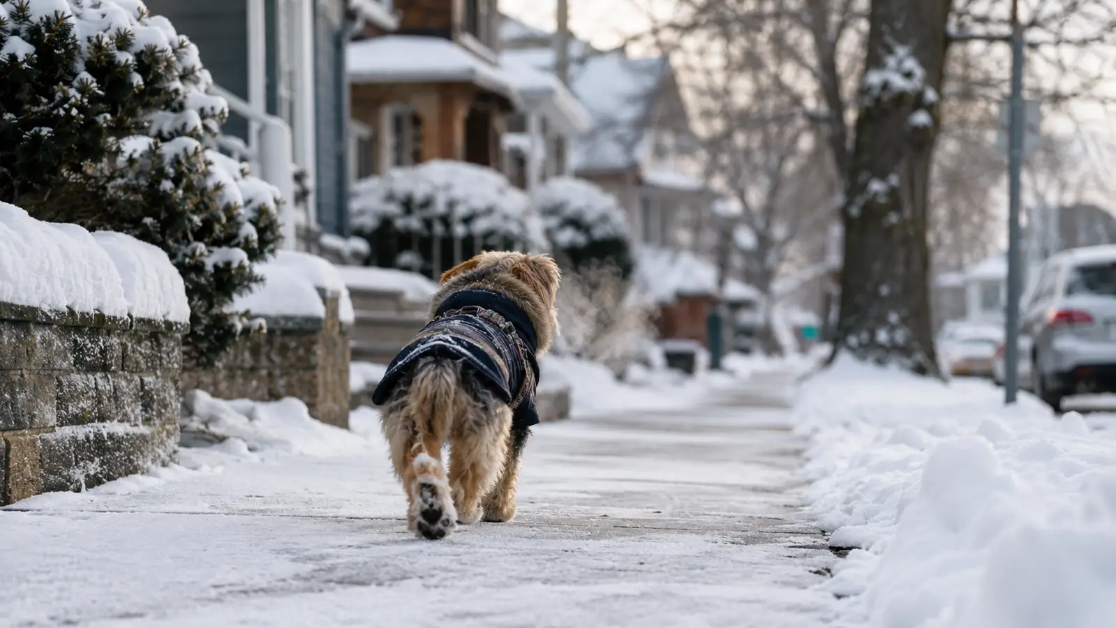 A small dog wearing a winter coat walking on a snowy sidewalk, seen from behind