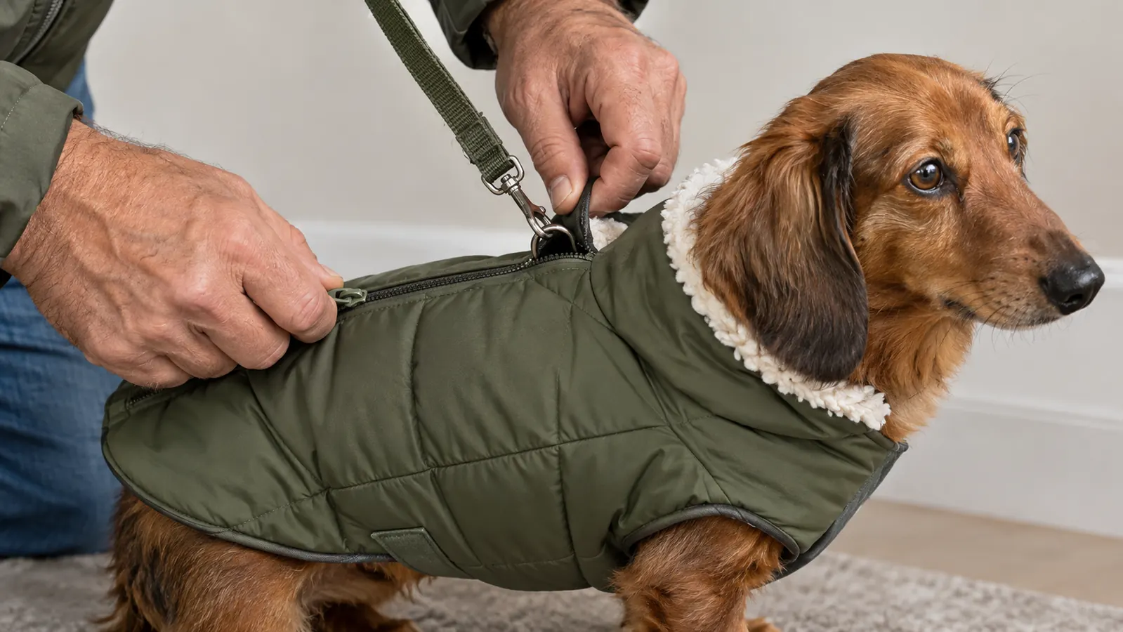 A person zipping a small dog into a winter coat with a leash clipped through the opening in the coat.