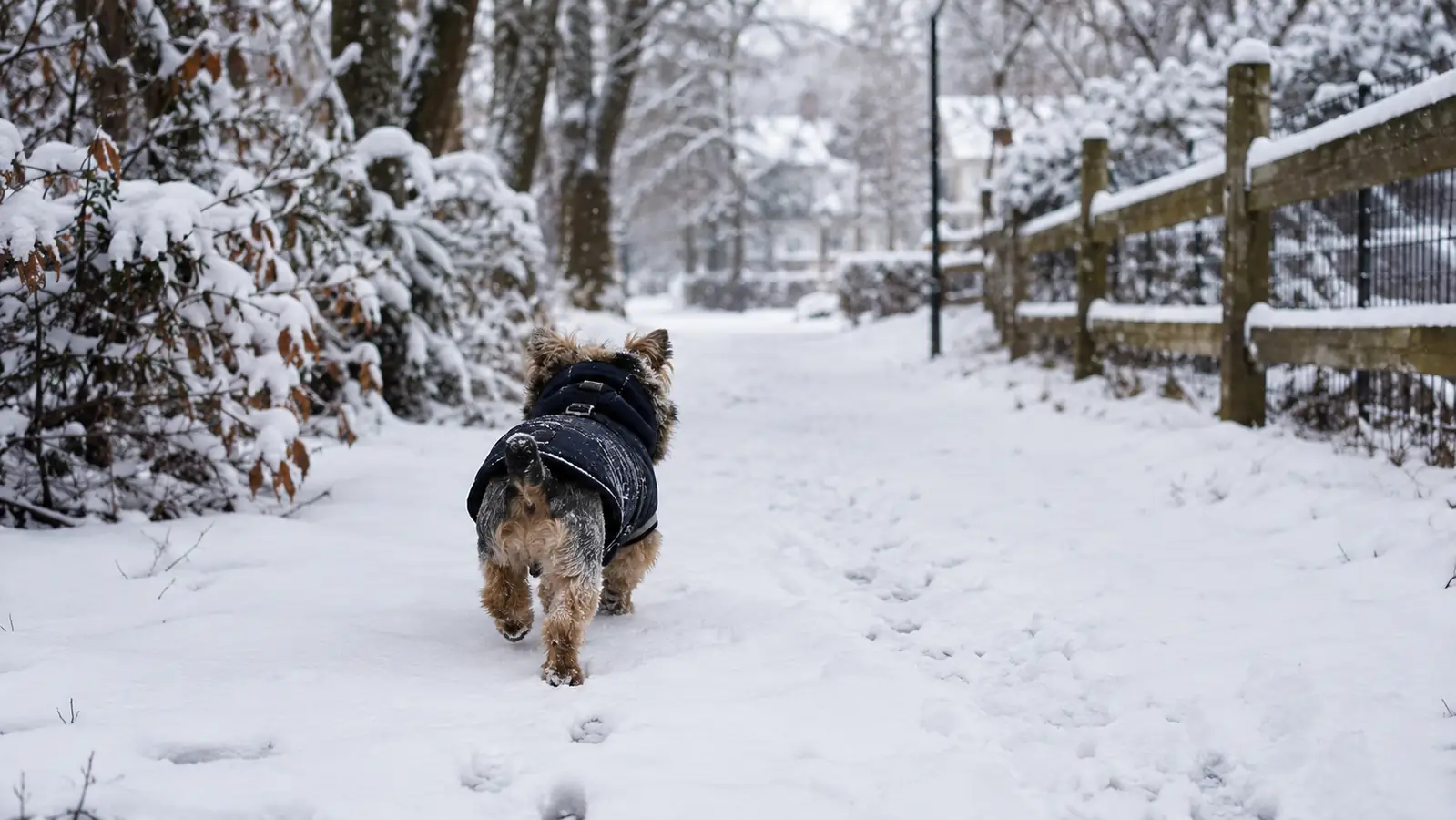 A small dog in a winter coat trotting ahead on a snowy neighborhood trail, seen from behind.