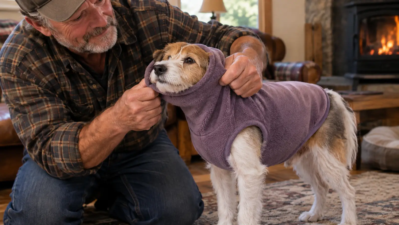 A hand pulling a stretchy fleece vest over a small dog's head