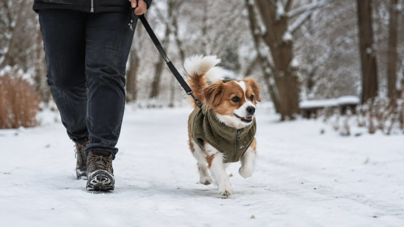 A small dog in a fleece vest walking on a snowy trail with a person holding the leash