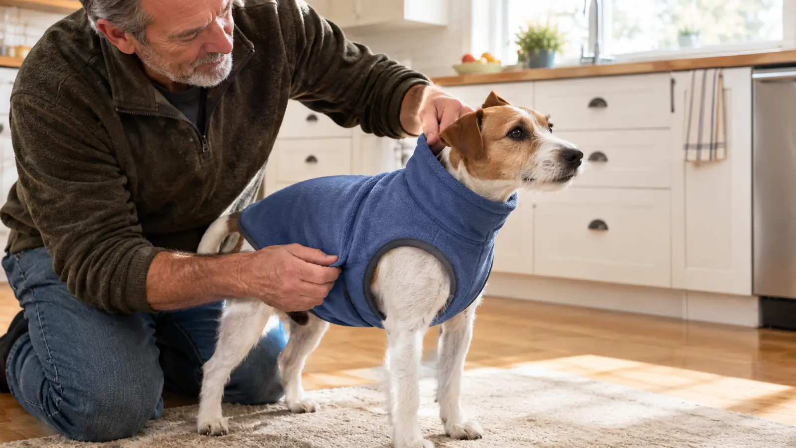A person's hands helping a small dog step into a stretchy fleece vest in a bright kitchen