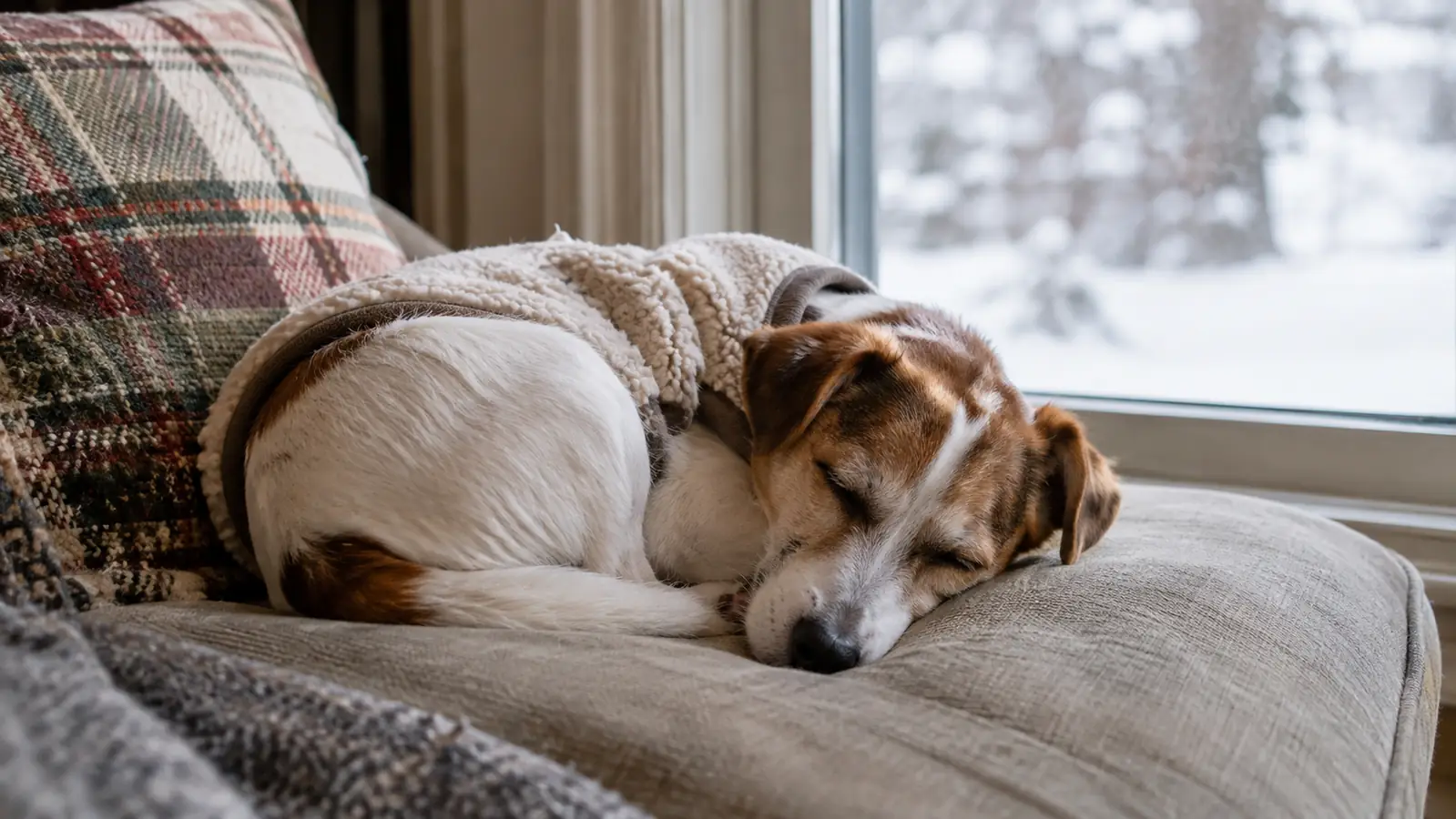 A small dog wearing a fleece vest curled up on a sofa cushion near a window with winter light