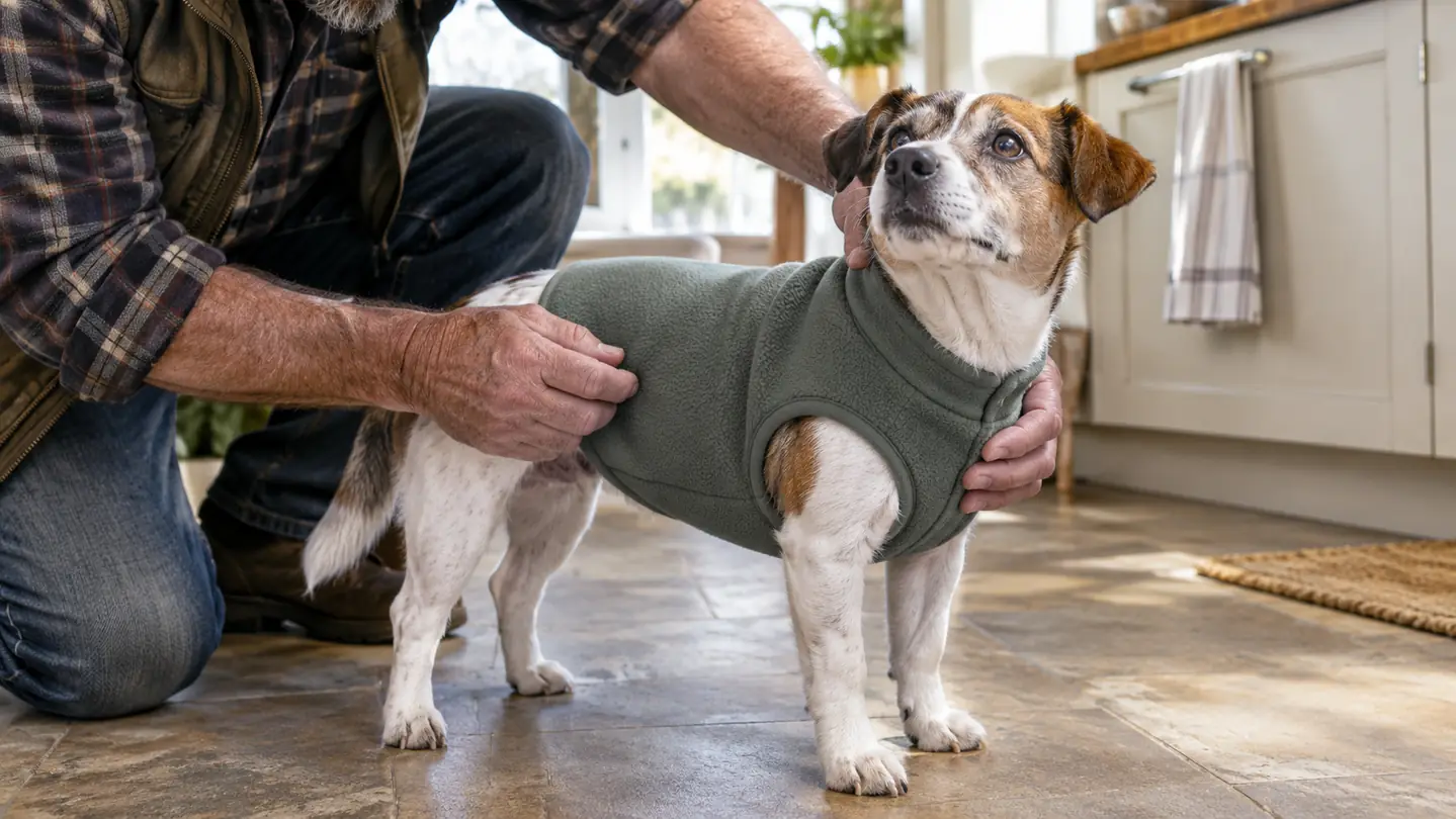 Hand settling a stretchy fleece vest over a small dog before a morning walk