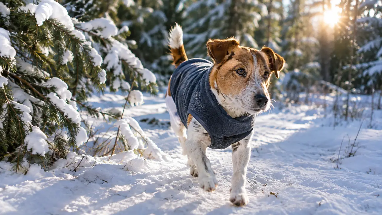 Small dog in a fleece vest trotting at the edge of a snowy trail on a cold morning