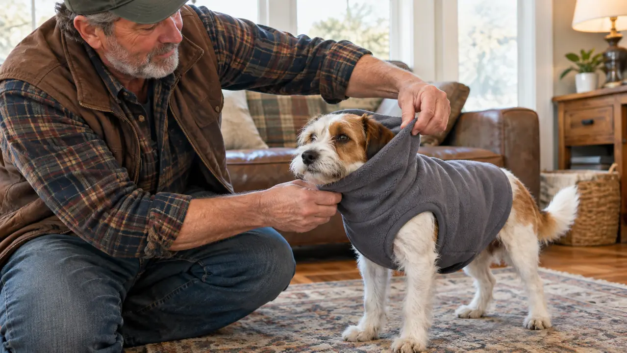 A hand pulling a stretchy fleece vest over a small dog's head in a bright living room, the dog standing calmly