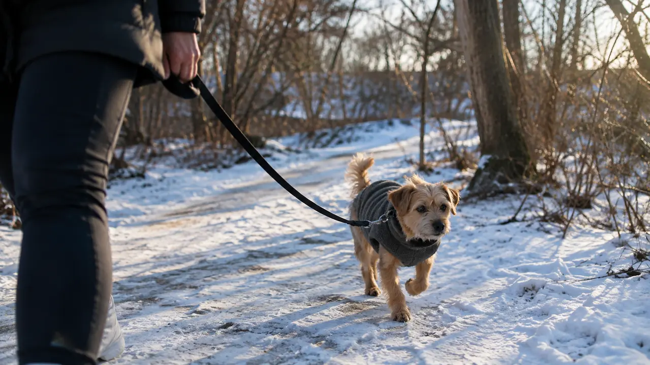 A small dog in a fleece vest trotting along a snowy neighborhood trail in low winter sun, a person holding the leash, seen from the side