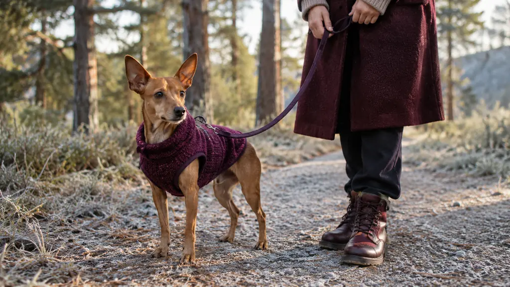 A small short-coated dog in a cozy fleece vest standing on a frosty pine-lined trail beside its owner
