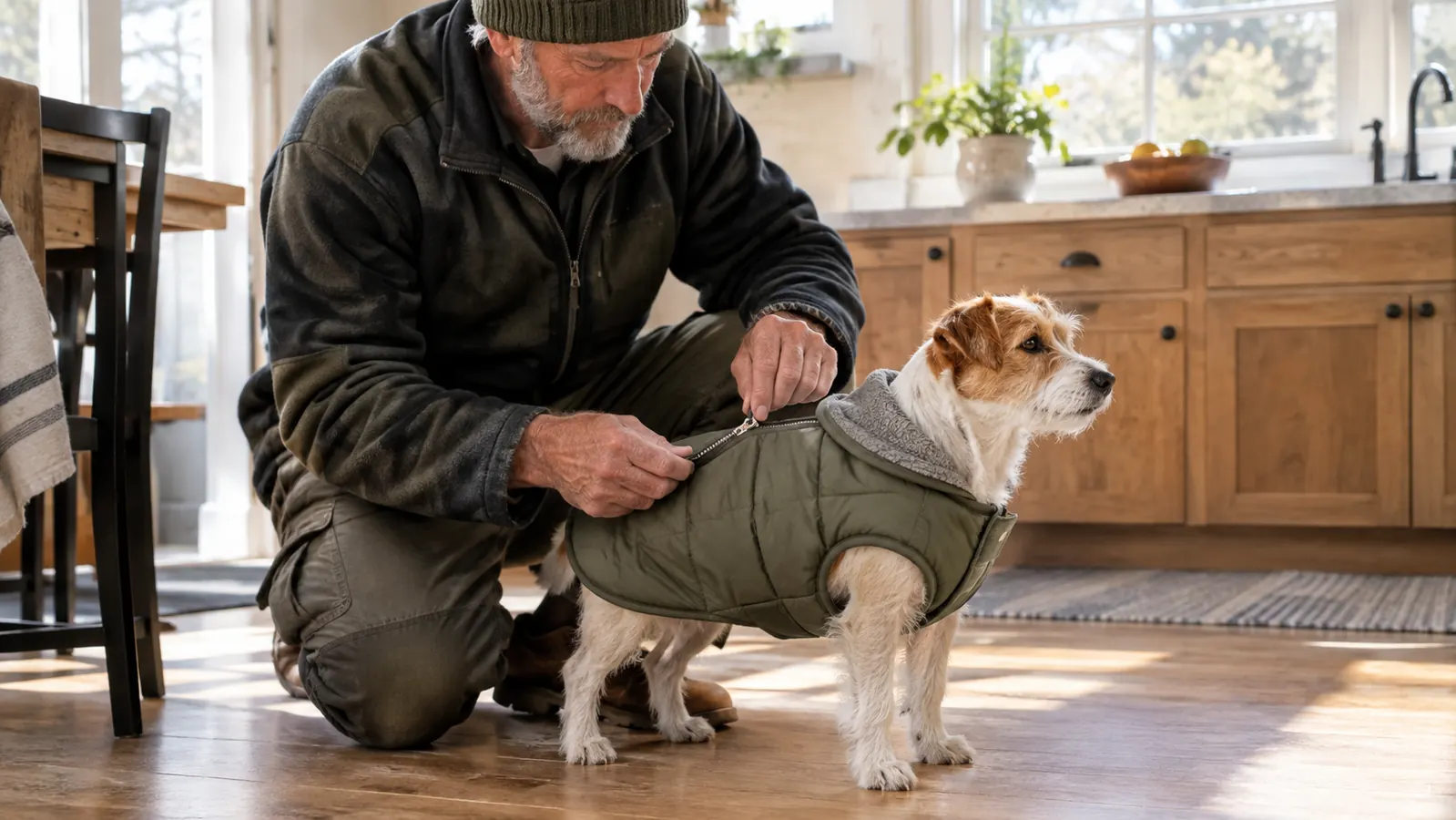Hands zipping a small dog into a winter coat in a bright kitchen