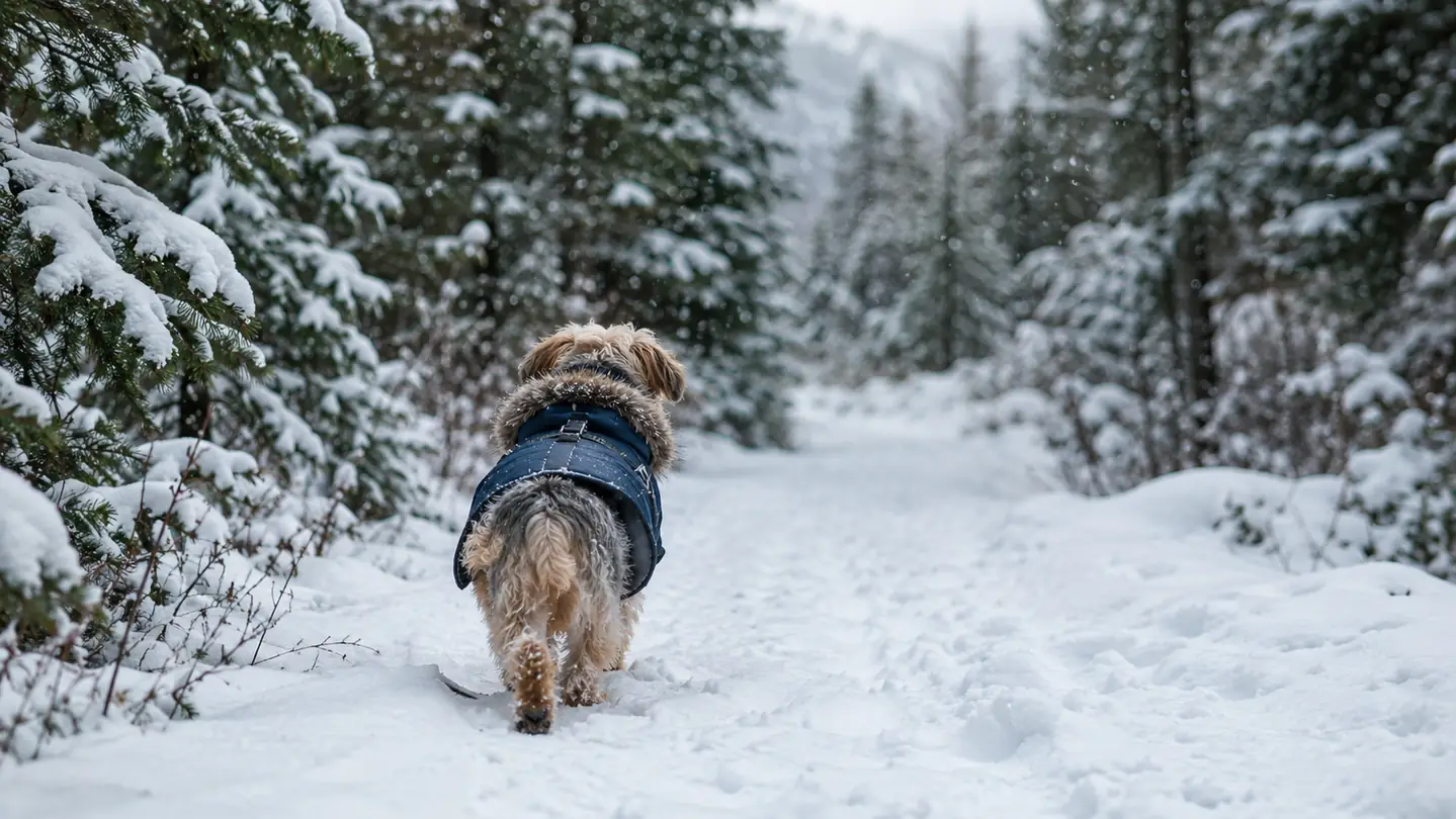 A small dog walking on a snowy trail wearing a winter coat, seen from behind