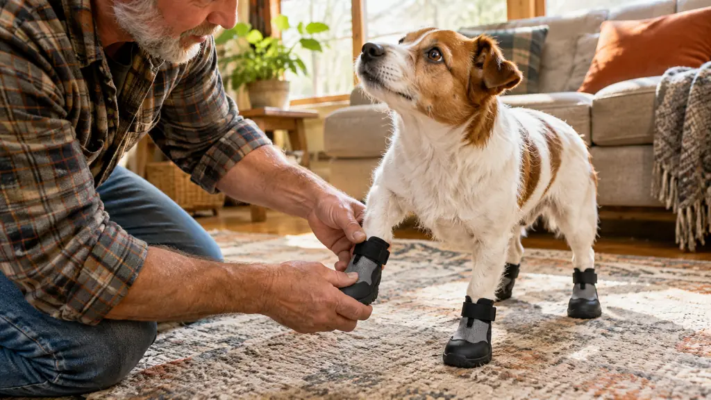 A person's hands fitting a single boot onto the front paw of a small dog standing on a rug in a cozy living room