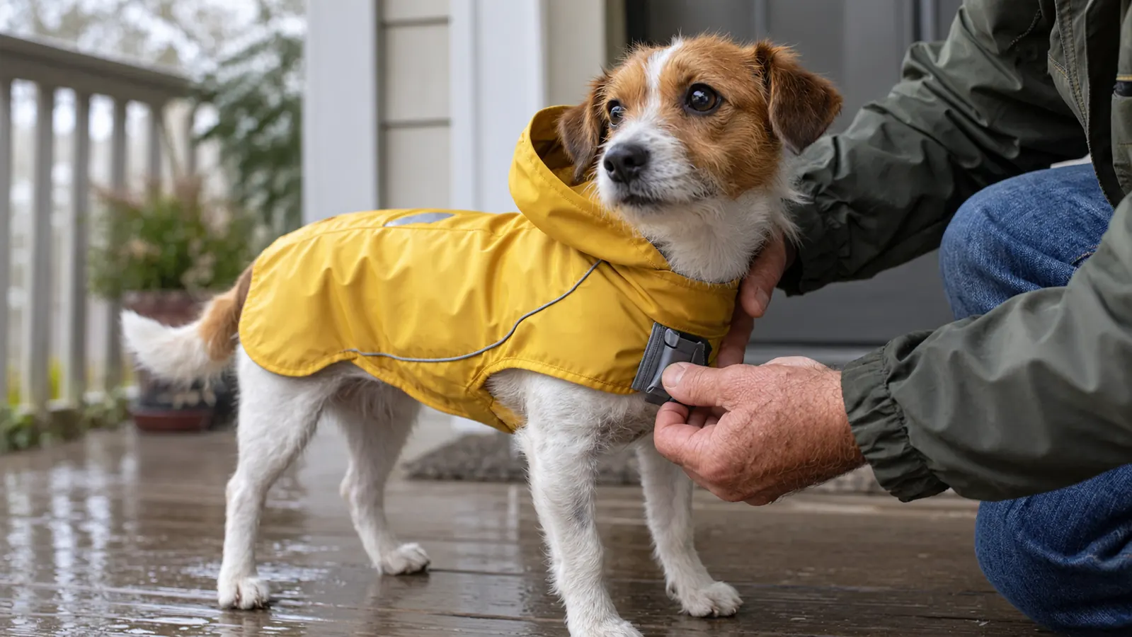 A person's hand adjusting the buckle of a raincoat on a small dog standing on a porch