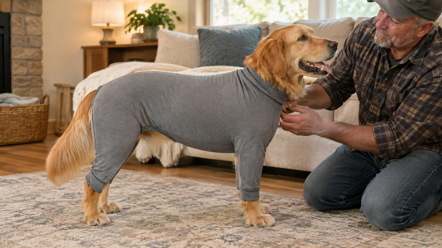 A small dog wearing a snug full-body onesie, standing on a rug in a living room