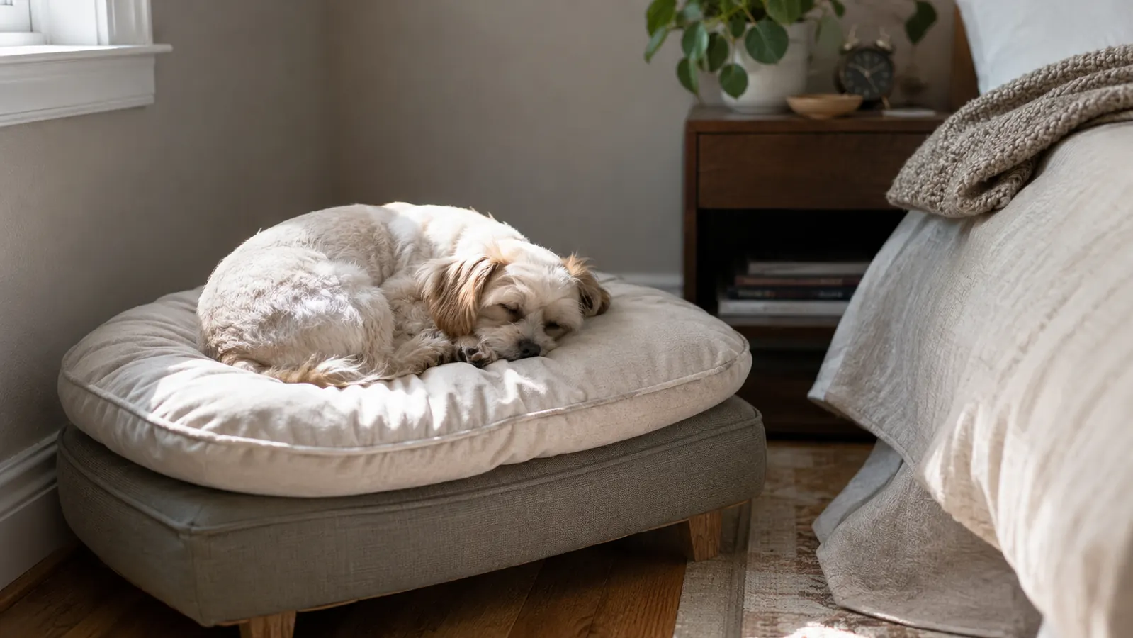 A dog bed lifted onto a low ottoman against an interior wall with a small dog curled asleep on it