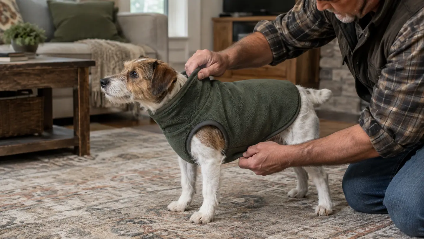 A person's hands gently slipping a stretch fleece vest over a small dog's head while the dog stands calmly on a rug.