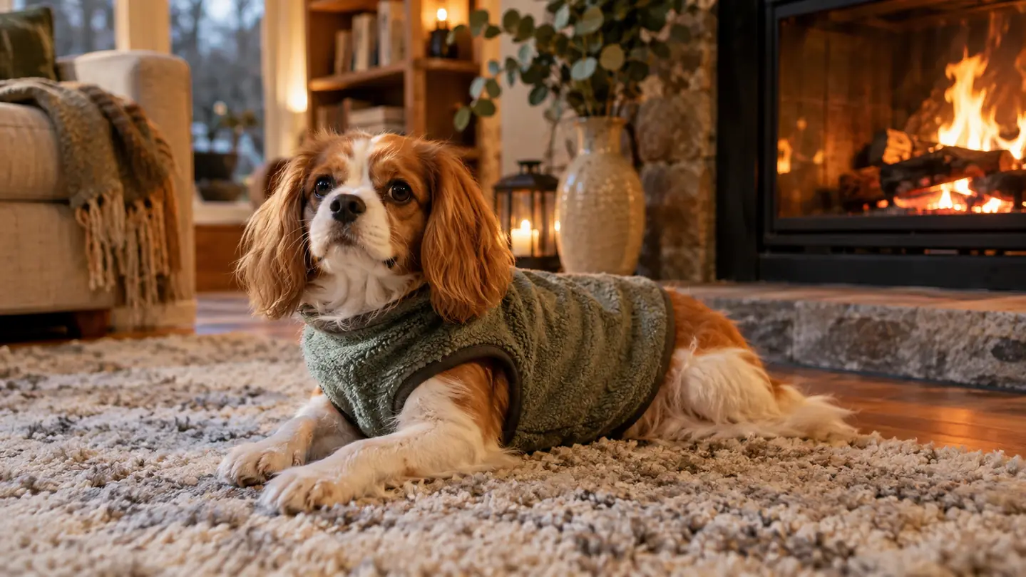A small dog wearing a stretch fleece vest lying on a thick rug beside a fireplace in a cozy living room.