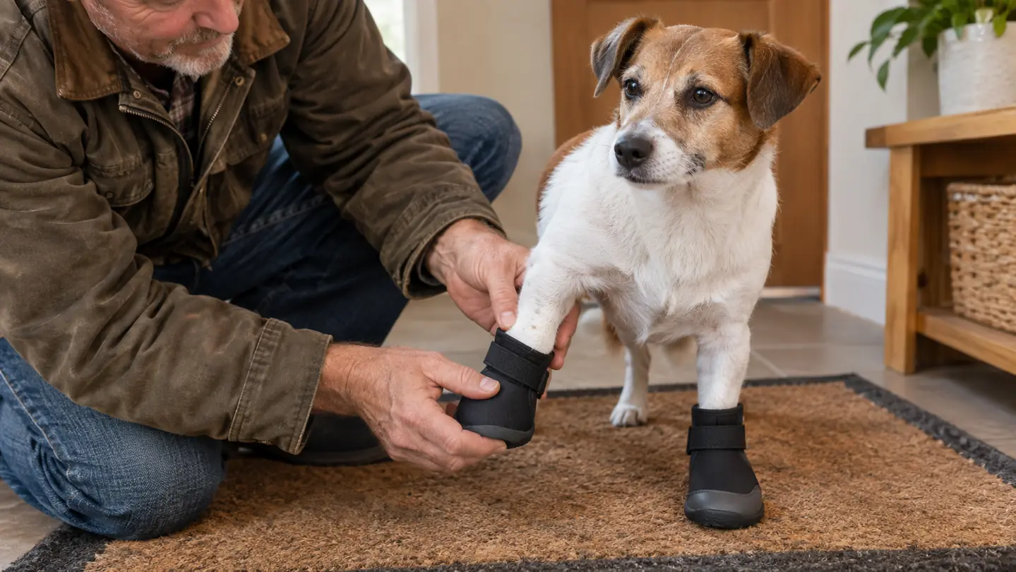 A hand fitting one boot onto a small dog's front paw while the dog stands on a rug