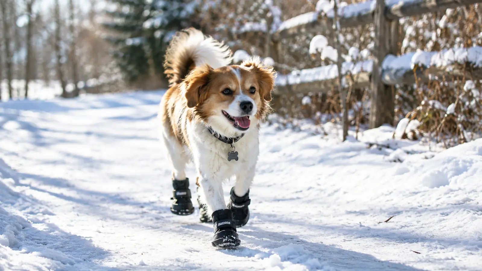 A small dog trotting down a snowy neighborhood trail wearing boots, tail up