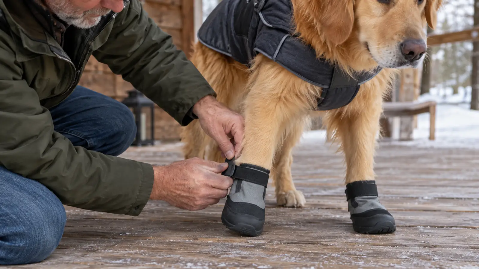 A hand adjusting the strap of a boot on a dog's paw while the dog stands on a porch