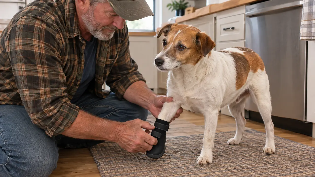 A hand fitting a boot onto a small dog's front paw while the dog stands on a kitchen mat