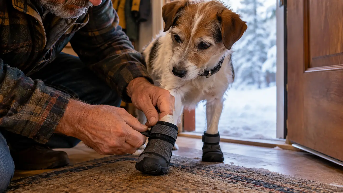 A close view of a person's hand adjusting the strap of a boot on a small dog's paw at the front door