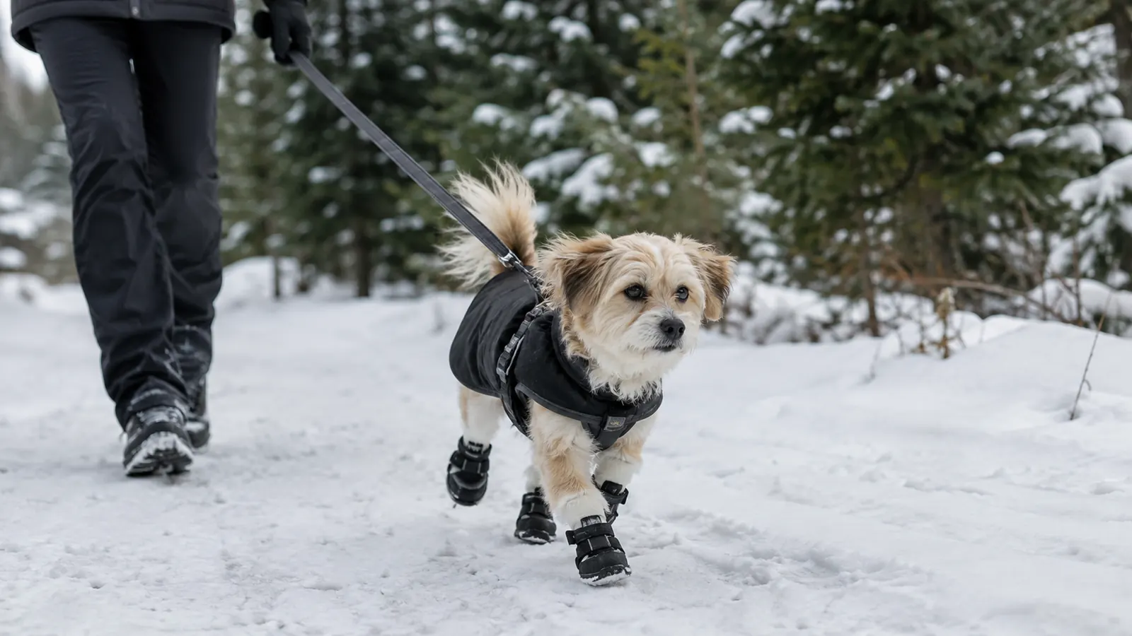 A small dog trotting on a snowy neighborhood trail wearing four boots, with a person holding the leash