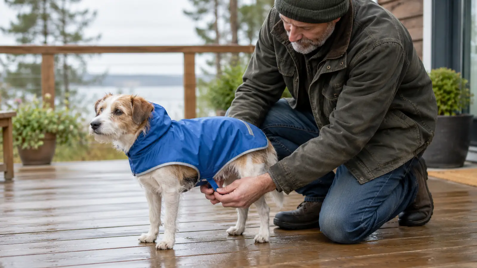 A person's hand adjusting the leg loop of a lightweight raincoat on a small dog standing on a porch