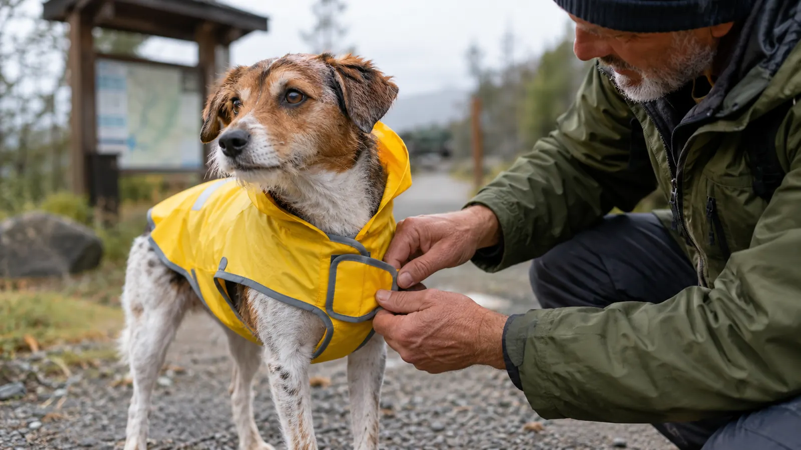 A person's hands fastening a lightweight raincoat around a small dog's chest before a walk