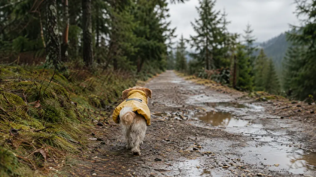 A small dog in a raincoat walking on a wet trail with puddles, seen from behind