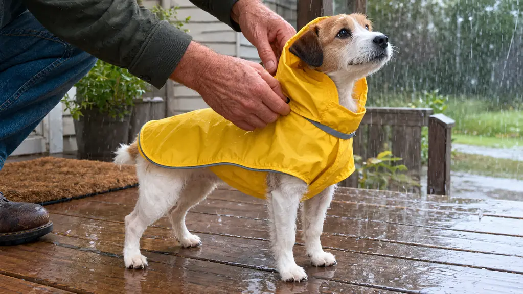A person's hand adjusting the collar of a raincoat on a small dog standing on a covered porch, rain falling behind