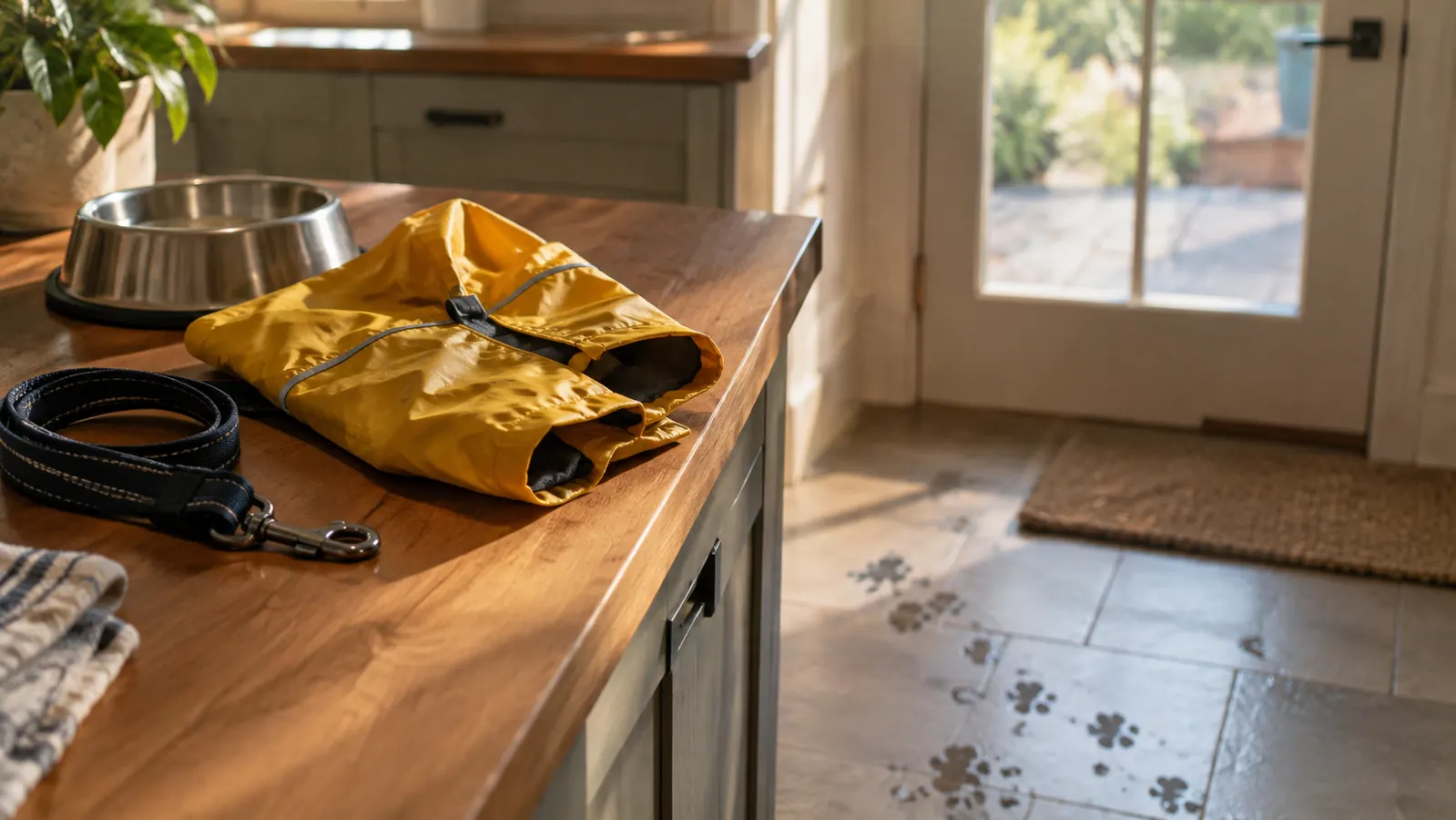 A folded raincoat and a leash on a kitchen counter beside a stainless steel bowl, wet paw prints on the floor
