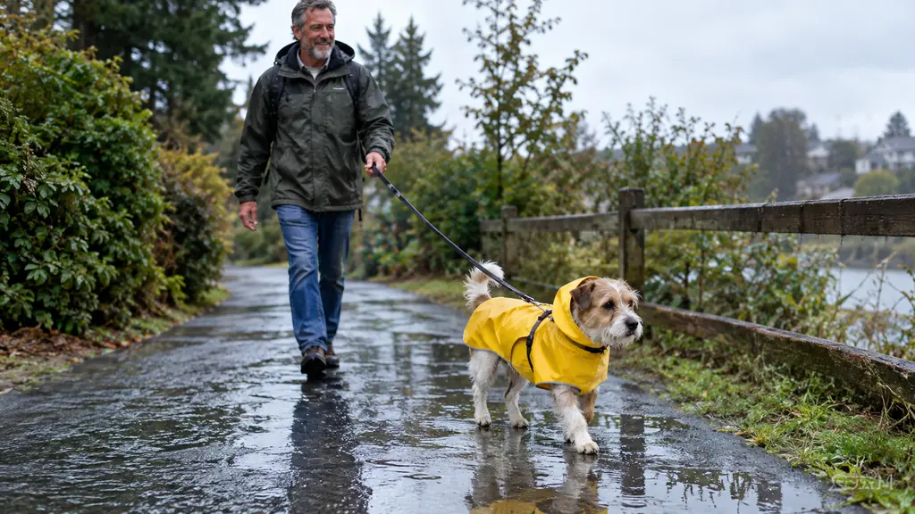 A small dog in a lightweight raincoat walking on a wet trail with rain droplets visible