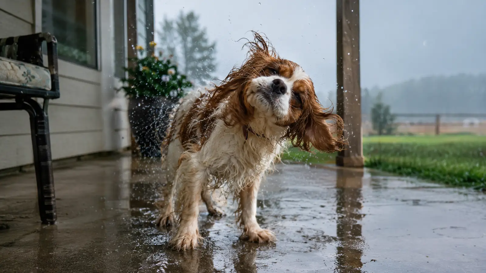 A small dog shaking off water under a porch awning after a rainy walk