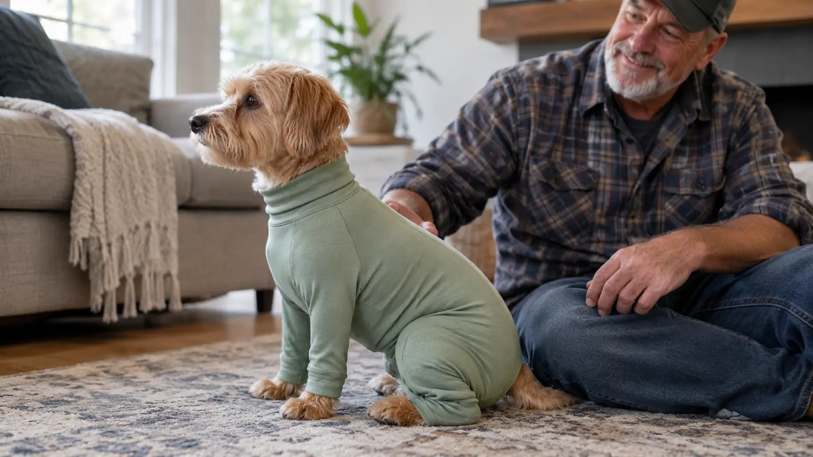 A small dog wearing a stretchy full-body pajama onesie sitting calmly on a living room rug