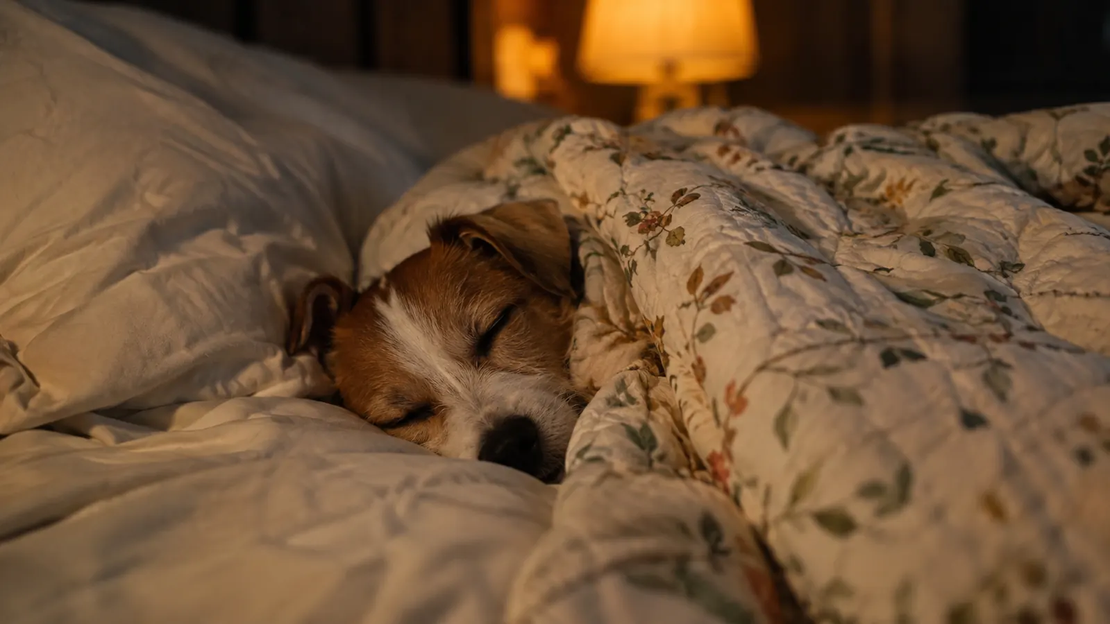 A small dog tucked under a quilt on a bed at night, sleeping deeply in a dim warm bedroom