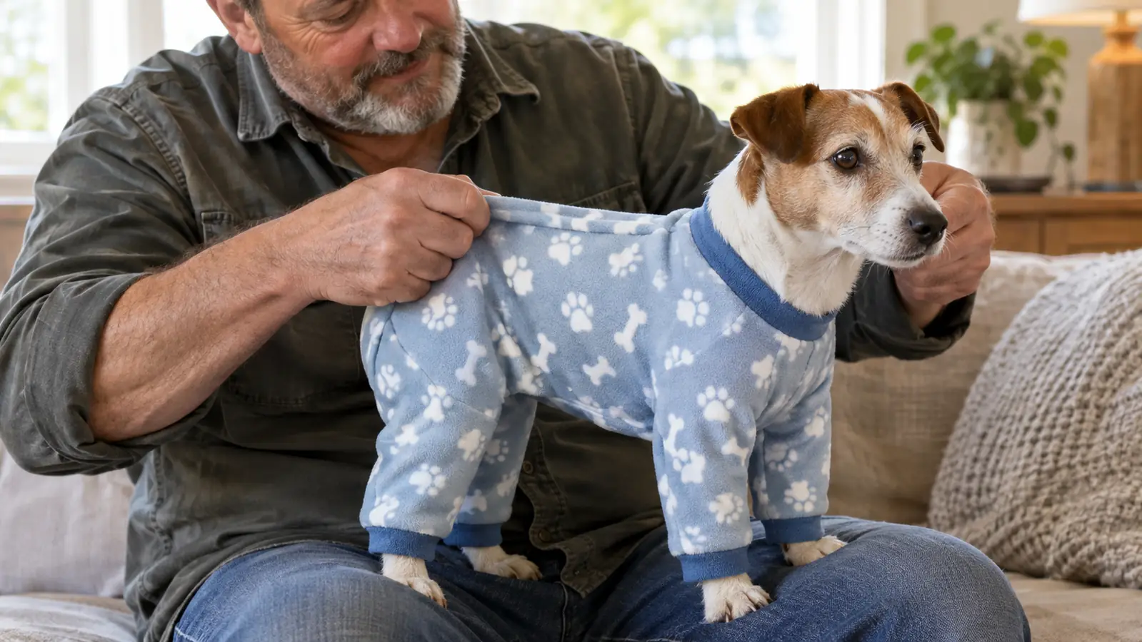 A person's hands easing a stretchy pajama onesie over a small dog standing on a lap