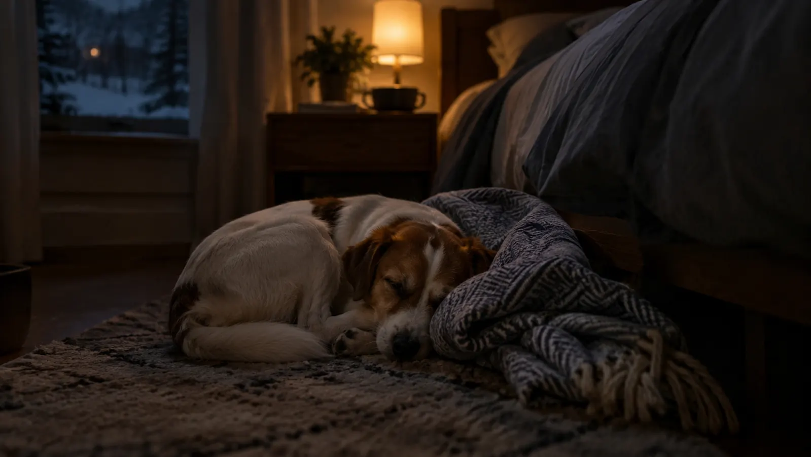 A small dog asleep at the foot of a bed, curled under the edge of a blanket at night